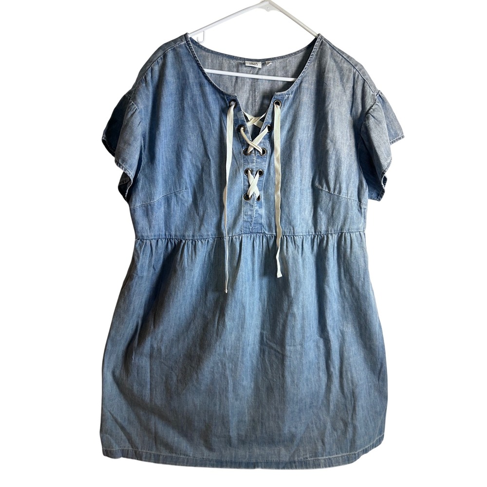 True Craft Denim Mini Dress 0X Light Blue Lace Up Empire Waist Women